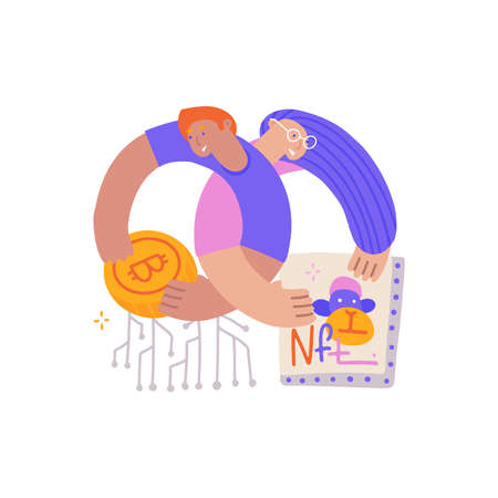 Art collector buying NFT crypto art for cryptocurrency. Artist selling piece of art. NFT Deal Metaphor. Flat hand drawn vector illustration. Nft art metaverse. Non-fungible token.のイラスト素材