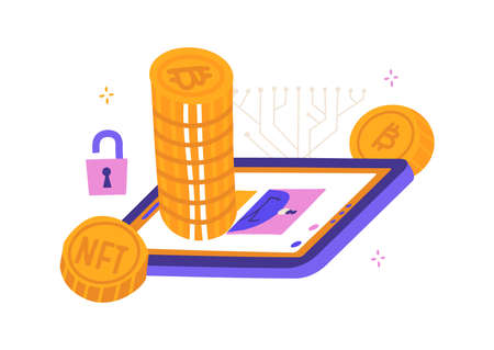 NFT non fungible token on phone screen isolated on white background. Stack of crypto coins. Pay for unique collectibles in games or art. Flat vector illustration.のイラスト素材