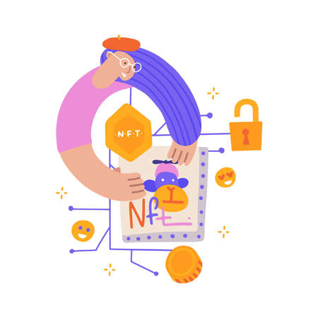 Female artist selling her artwork online. Painter holding piece of art. Technology of selling NFT tokens for cryptocurrency. Flat hand drawn vector illustration.のイラスト素材