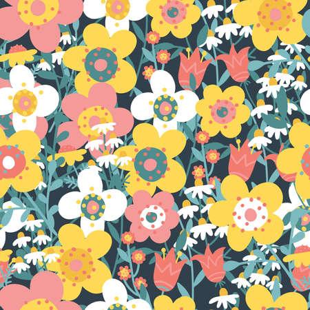 Seamless pattern with abstract spring flowers of tulips, rudbeckia, kosmeja and chamomile. For decoration of textiles, packaging and wallpaper. Vector flat hand drawn illustration.のイラスト素材