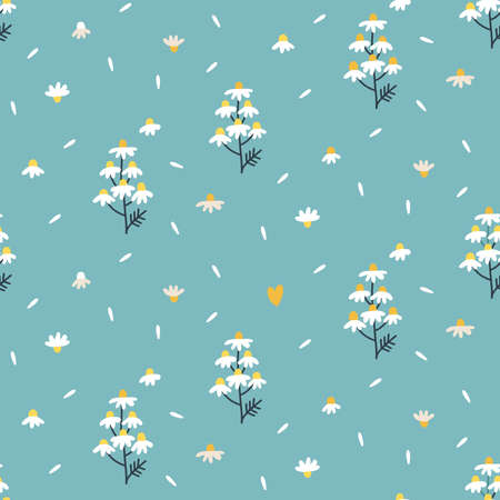 Seamless pattern of chamomile flowers on green background. Flowering branch, flower head and individual petals. Divination for love. Vintage abstarct style. Vector flat hand drawn illustration.のイラスト素材