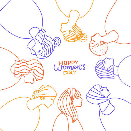 International Womens Day greeting card. Abstract different women portraits in one line style . Women empowerment. Vector linear doodle hand drawn illustration with lettering greeting text.のイラスト素材