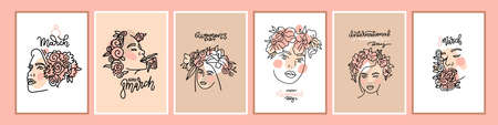 International womens day a5 postcard set. International Womens day line art portraits of beautiful women with flowers. Graceful templates for cards, posters, flyers and other users. Vector letteringのイラスト素材