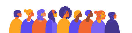 Female diverse faces, different ethnicity and hairstyle. Woman empowerment movement. Girl power. Happy International Womens day. Vector flat illustration, banner or poster.のイラスト素材
