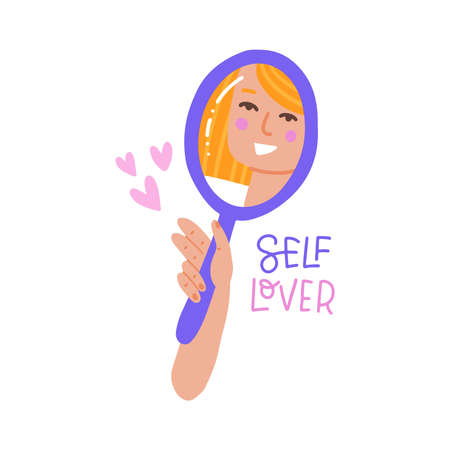 Hand holding mirror with smiling female face reflection. Concept of self-acceptance and self-love. Flat hand drawn vector illustration of mental health. Self lover lettering text.のイラスト素材