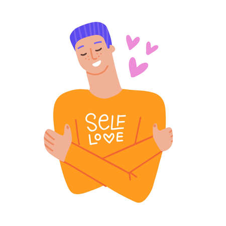 Self love concept - young man hugging himself. Flat hand drawn vector illustrationのイラスト素材