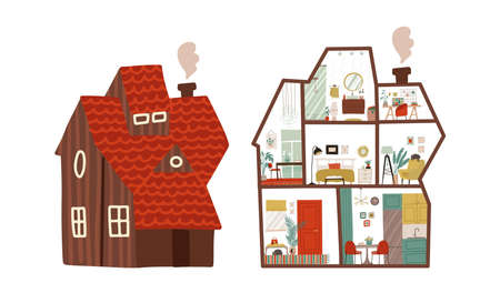 Cozy country House inside and outside, interior with furniture. Home cross section with bedroom, living room, kitchen, dining,bathroom, hall, workplace. Home in cut with red roof. Vector illustration.のイラスト素材