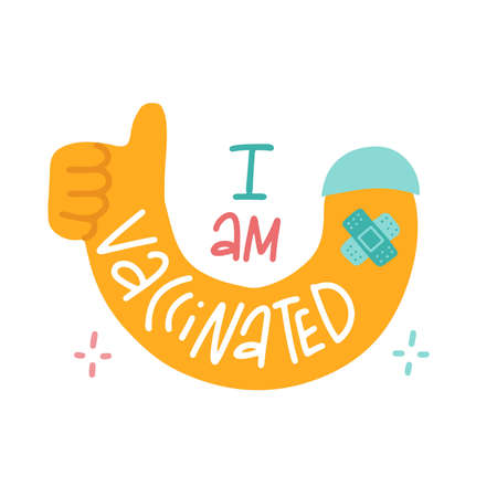 Human after vaccination showing plaster on shoulder with lettering text - I am veccinated.