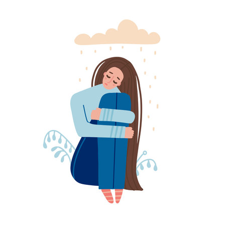 Unhappy and sad young woman in depression sitting and hugging knees with confused and rainy cloud under her. Sorrow, mental health concept, female character. Hand drawn flat vector illustrationのイラスト素材