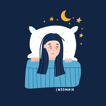 Young woman suffers from insomnia cause of mental problems, insomniac ideas. Top view tired girl lying in bed, thinking about deadline, upset event, can not relax. Flat ahnd drawn vector illustrationのイラスト素材