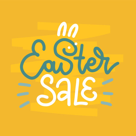 Hand drawn lettering - Easter SALE - with bunny ears on yellow background.のイラスト素材