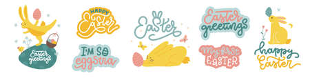Cute set of easter rabbit characters and spring decorative conpositions - bunnies, eggs, lettering quotes isolated on white background. Colorful holidayhad drawn flat vector illustration.のイラスト素材