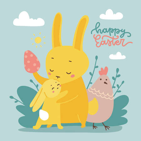 Yellow baby bunny and adult rabbit kissing, hugging. Card template for easter or baby shower card....