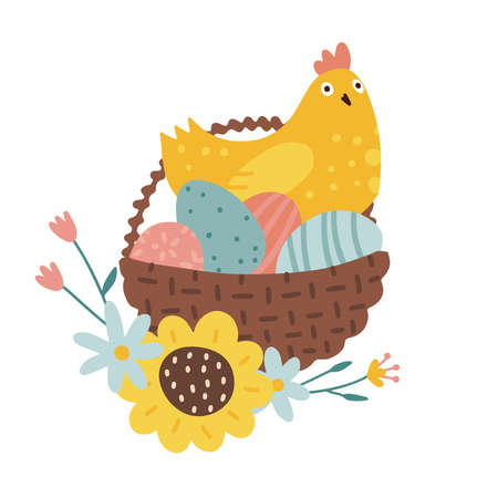 The hen sits in a nest made of basket with colored eggs. Easter isolated concept with flowers. Vector flat hand drawn illustration.のイラスト素材