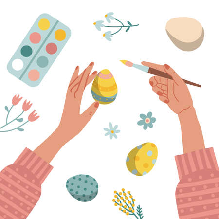 Cozy Easter scene - woman preparing for Easter. female hands are painting eggs. Vector flat hand drawn illustrationのイラスト素材