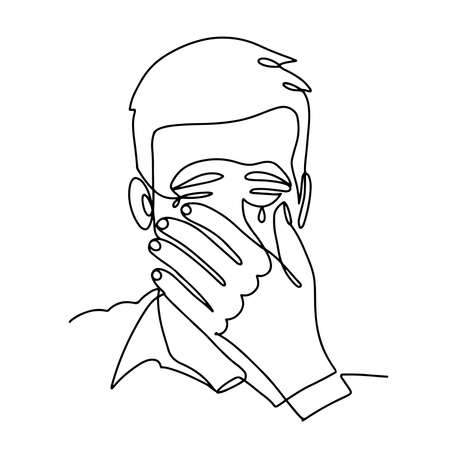 Continuous line drawing of crying man in deep depression. Sorrow, Grief, Misfortune concept. Vector linear hand drawn illustration.のイラスト素材