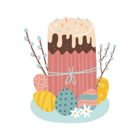 Easter cake with willow branches and colored chicken eggs on a plate in flowers. Cute Isolated Flat Vector illustration in a simple cartoon style.のイラスト素材