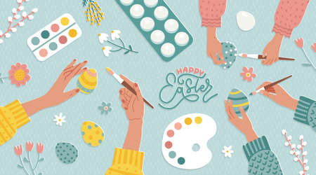 Happy Easter concept with hands holding and painting traditional eggs. Ad for workshop, handmade gifts, craft master class. Table top view with family preparing for Easter. Flat vector illustration.のイラスト素材