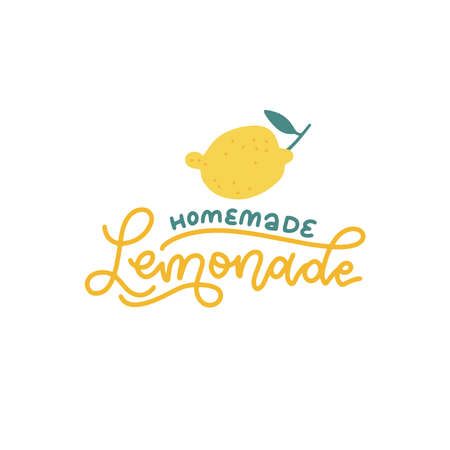 Lemonade lettering sign with lemon label. Trendy linear calligraphy of words Homemade lemonade.のイラスト素材