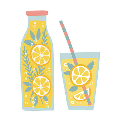 Set of glass and jug with yellow lemonade detox drink, fruit smoothie, organic lemonades with straws. Refreshing summer homemade beverages. Colored flat hand drawn vector illustration isolatedのイラスト素材