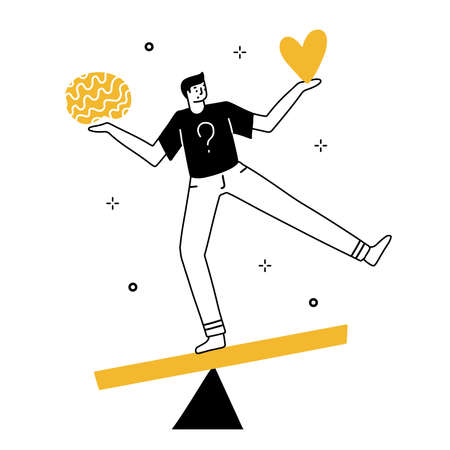 Man balancing between brain and heart on big scale. Emotions vs mind. Vector concept linear doodle hand drawn illustration. Black and yellow on whiteのイラスト素材