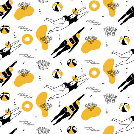 Seamless pattern of girls and women swimming on tropical sea with fishes and corals , top view....