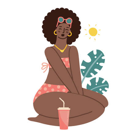 African Plus size girl drinks soda. Body positive concept. Attractive overweight black woman in cute swimsuit on tropical beach. Concept - no fatphobia. Cartoon flat hand drawn vector illustrationのイラスト素材