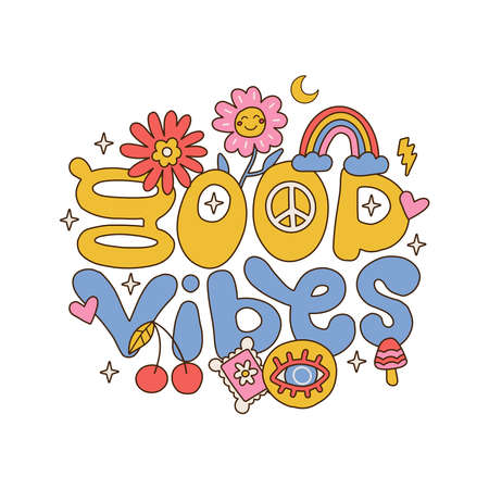 Hand written lettering Good Vibes in circle shape. Retro style, 70s posterのイラスト素材