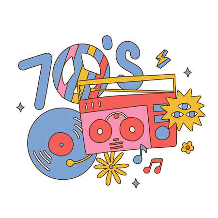Outline composition with vintage record, musical device and equipment for playing music, vinyl plate in retro 70s style. Vector hand drawn illustration isolated on white.のイラスト素材