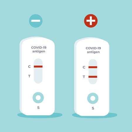 Set of two Rapid antigen test kits ATK for covid-19 - negative and positive on blue background. Flat vector infographics illustration.のイラスト素材