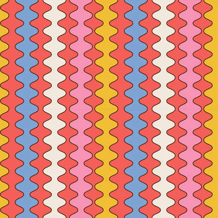 70s Geometric Retro seamless pattern. Rainbow colorful nostalgic background design with pockmarked stripes. Flat outline vector illustration.のイラスト素材
