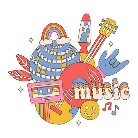 70s Retro music isolated concept. Vintage music elements composition with mirror ball, guitar, record, cassette. Party design concept for print, sticker, tee shirt. Vector hand drawn illustration.のイラスト素材
