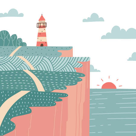 Scenic landscape of a sea shore with a rocky coast and a lighthouse on it. Summer sheer cliff with sunset. Good for posters, greeting cards and covers. Vector flat hand drawn illustrationのイラスト素材