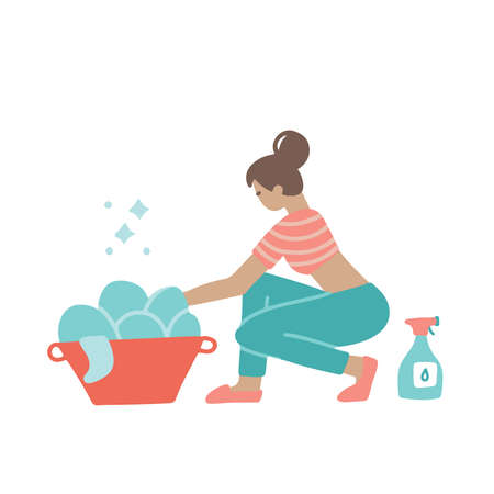 Woman Hand Washing Her Clothes and Doing Laundry squatting. Home people activity. Vector Flat hand drawn illustration.のイラスト素材