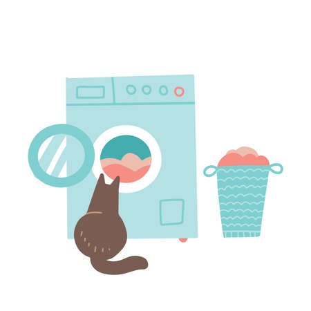 Cat looking in open washing machine. Washer and laundry basket with clothes. Cozy home concept. Vector flat illustration.のイラスト素材