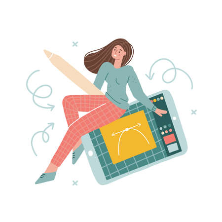 Graphic designer female character, concept profession digital artist, illustrator. Cute girl artist sitting on big tablet with stylus in hand. Vector flat hand drawn illustrationのイラスト素材