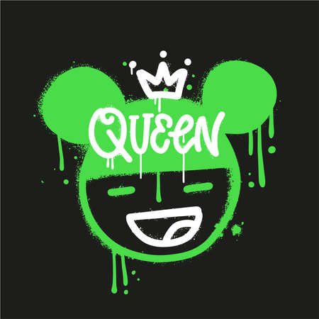 Cool girl with crown - Urban street graffiti style with textured lettering Queen. Trendy girl drawn with splash effect and drops. Print for graphic tee, sweatshirt. Vector hand drawn illustration.のイラスト素材