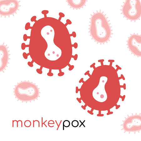 Banner with the inscription Monkeypox Virus and icon of the red virus cells. Vector flat hand drawn illustration.のイラスト素材