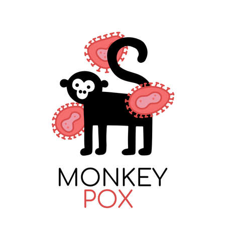 Monkey icon with virus cells. New Monkeypox 2022 virus - disease transmitted by monkey, ape. Vector simple flat style illustration isolated on white backgroundのイラスト素材