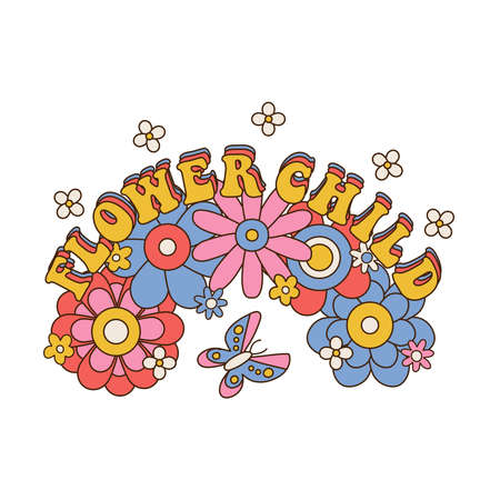 Flower child - lettering text isolated concept. Groovy 70s retro style flowers and butterfly. Vector illustration design for fashion graphics and t shirt prints.のイラスト素材