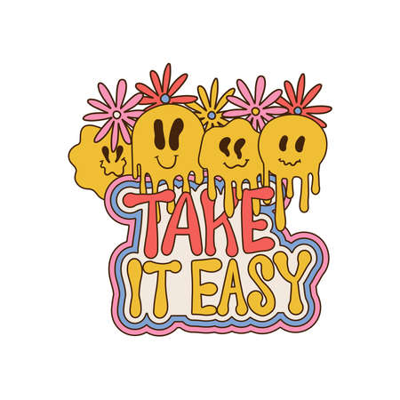 Take it easy - retro grovvy lettering print with daisy flowers and melting emiji for graphic tee t shirt or sticker poster. Vector hand drawn vintage illustration isolated on white backgoundのイラスト素材
