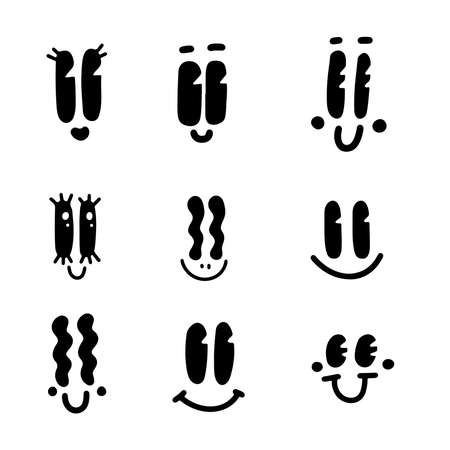 Set of old cartoon mascot character old animation eyes and mouths elements. Hand drawn different clipart for faces. Character creator for vintage retro and branding. Isolated vector illustrationのイラスト素材