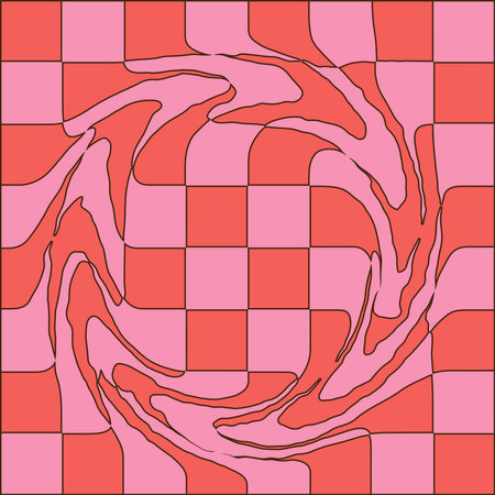 Trippy hippie background with Checkered waves. Abstract optical illusion. Pattern with round wavy distortion effect. Vector linear illustrationのイラスト素材