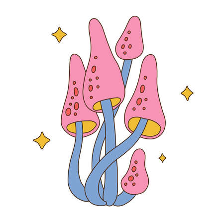 Isolated retro trippy bunch of fabulous poisonous toadstools mushrooms. 70s linear cartoon colorful illustration.のイラスト素材
