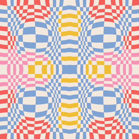Optical illusion checkered abstract seamless pattern. Colorful background, chess board tiles with psychedelic spherical volume, geometric checker op art. Vector simple flat illustration.のイラスト素材