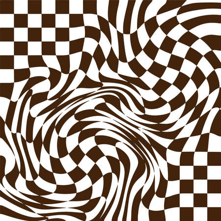 Checkered background with distorted squares. Abstract retro banner backdrop with distortion. Chess...