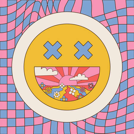 Card with bog smile face and groovy landscape in open mouth. Vector cartoon linear illustration. Smiley face with trippy lsd acid print for t-shirt, poster, stickerのイラスト素材