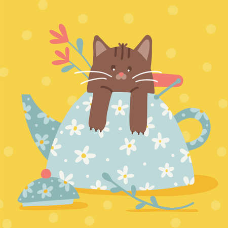 Cute little Cat in a teapot. Retro pot with daisy pattern. Summer mood. Herbal tea. Flat hand drawn vector illustration.のイラスト素材