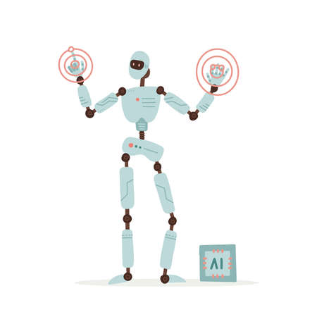 Robot cybernetic organism works with a virtual HUD interface in augmented reality. Humanoid robot presses the button on the digital screen. Future artificial intelligence concept. Flat vector design.のイラスト素材