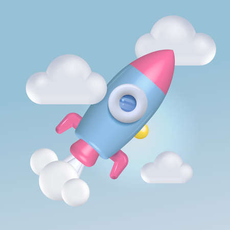 3d Rocket taking off. Realistic Clouds and smoke from a rocket taking off. Isolated 3d vector object on a blue sky backgroundのイラスト素材